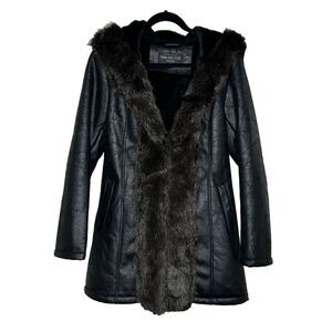 Donna Salyers Fabulous Furs Womens Small Faux Leather Hooded Jacket Coat‎ Black